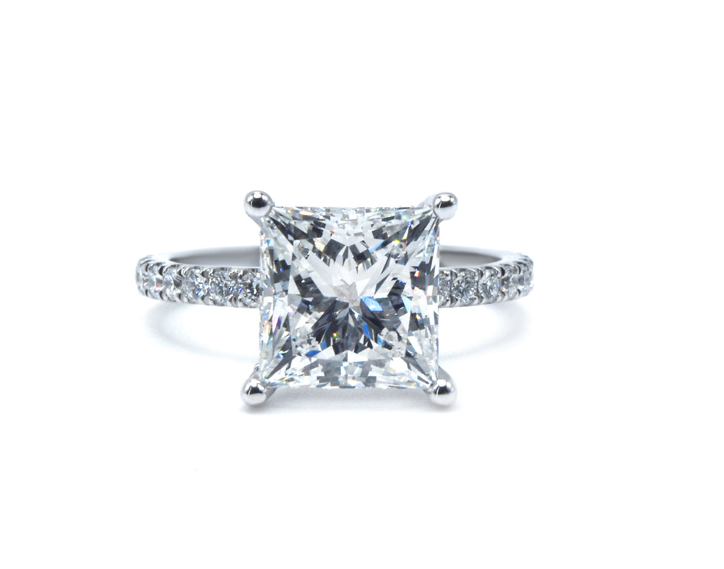 Hidden Halo Princess Cut Diamond Engagement Ring with Pave Diamond Band