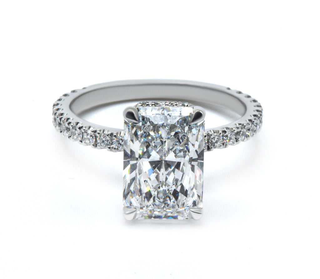 Radiant Cut Diamond French Cut Pave Engagement Ring, Wrap Around Hidden Halo