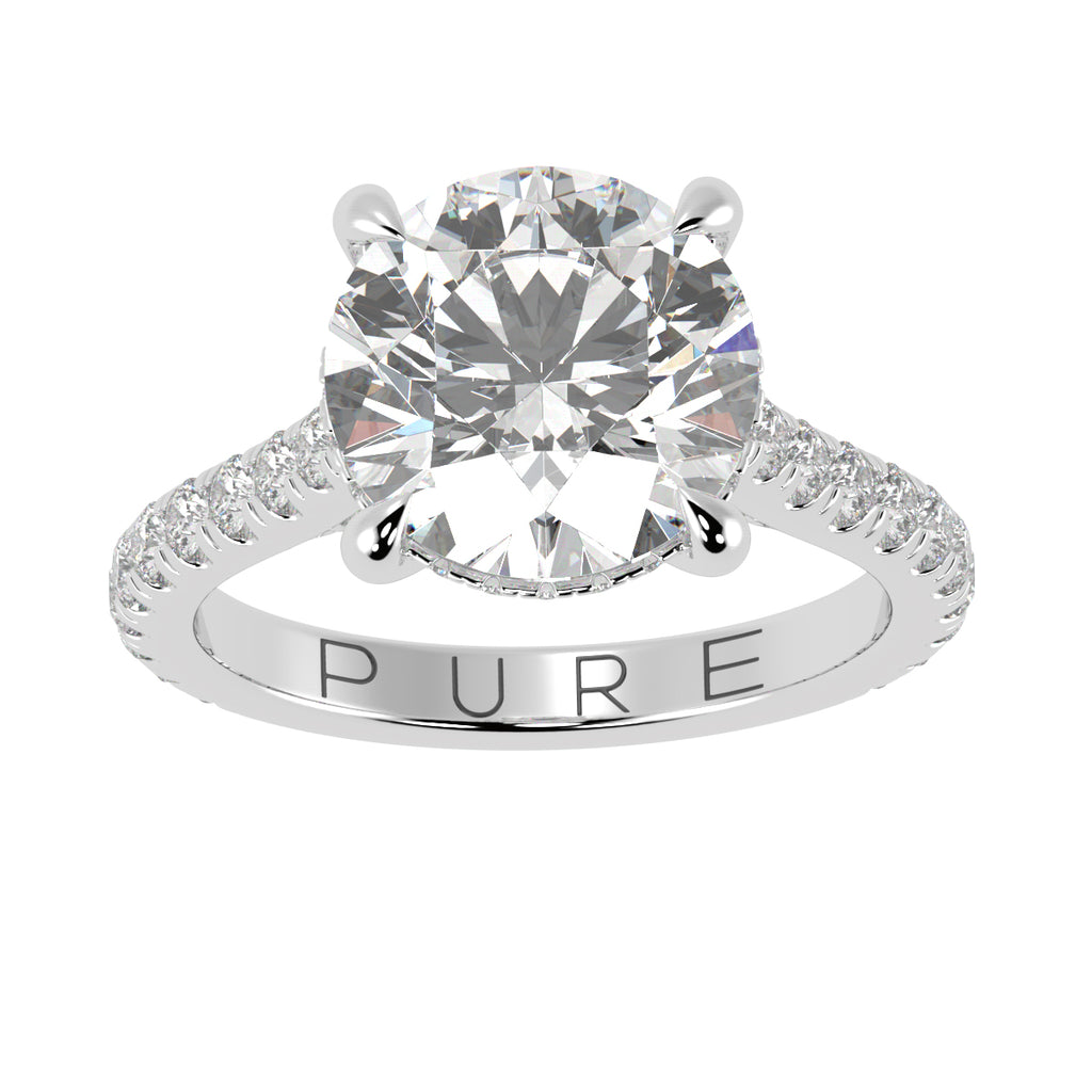 Cathedral Hidden Halo Elongated Round Cut Diamond, French Cut Pavé sides