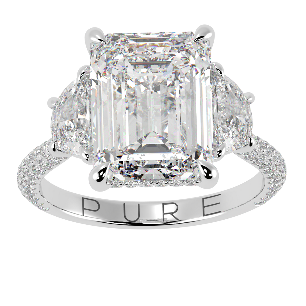 Emerald Three Stone Diamond Three Row Pavé Ring