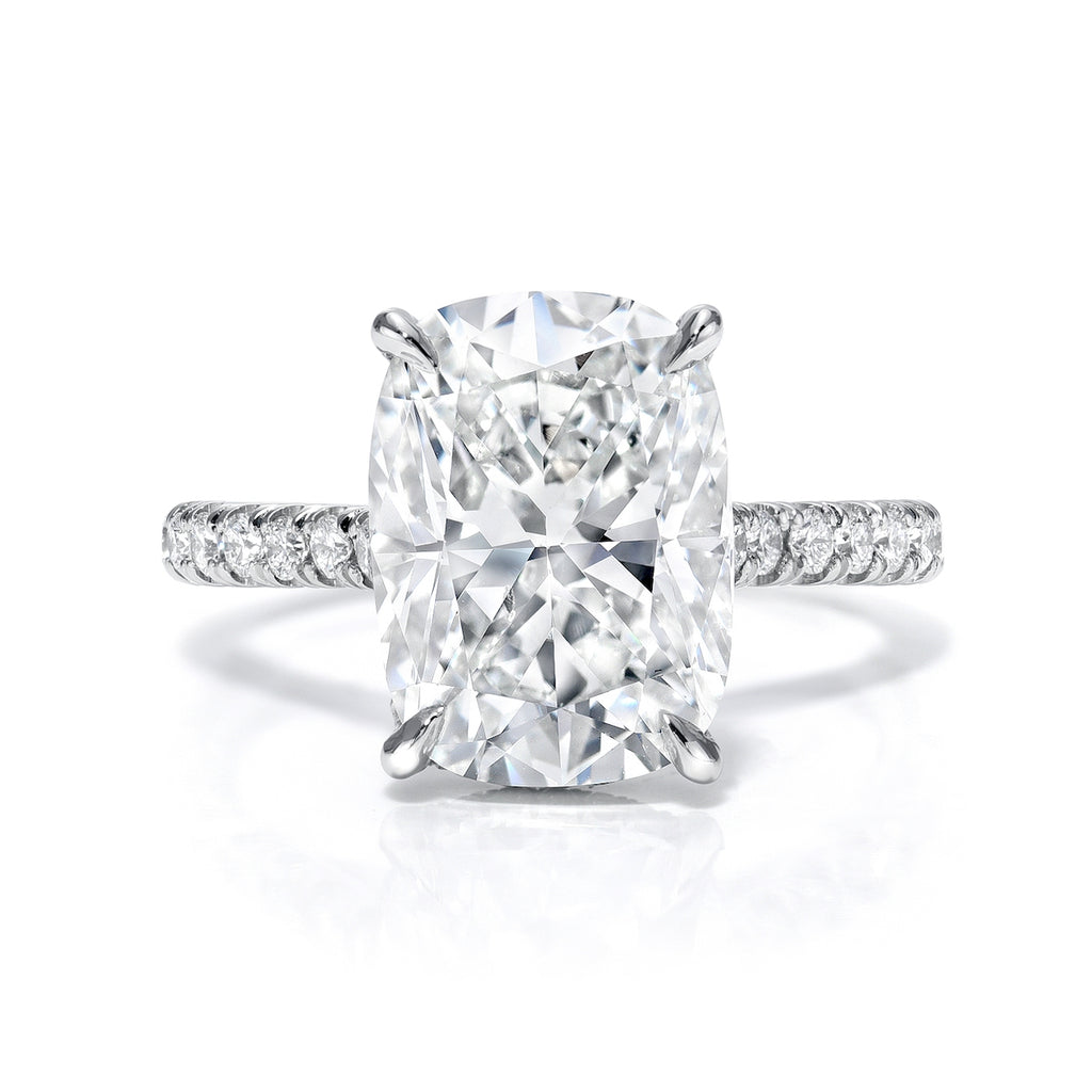 Cathedral Hidden Halo Elongated Cushion Cut, French Cut Pavé sides