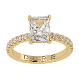 Perfect Hidden Halo Radiant Cut, French Cut Pavé sides, Polished Prongs