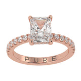 Perfect Hidden Halo Radiant Cut, French Cut Pavé sides, Polished Prongs