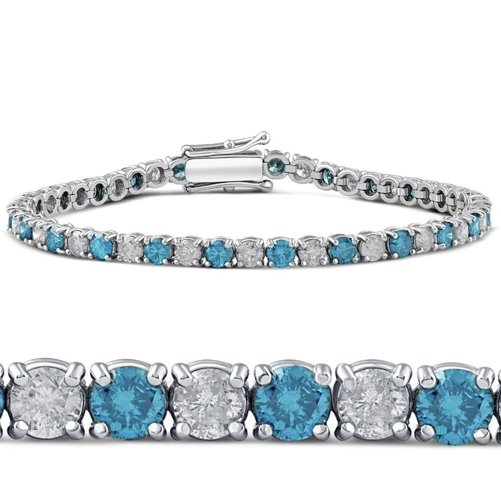Tennis Bracelet Round Brilliant Cut Lab Grown White & Blue Diamonds 3.39 CTW