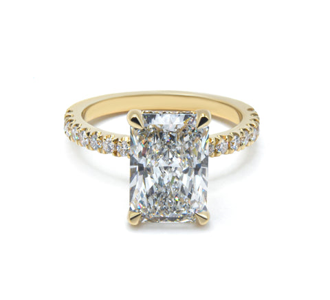 Perfect Hidden Halo Radiant Cut, French Cut Pavé sides, Polished Prongs