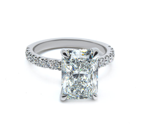 Perfect Hidden Halo Radiant Cut, French Cut Pavé sides, Polished Prongs