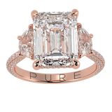 Emerald Three Stone Diamond Three Row Pavé Ring