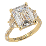 Emerald Three Stone Diamond Three Row Pavé Ring