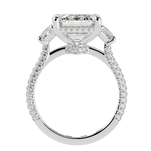 Emerald Three Stone Diamond Three Row Pavé Ring