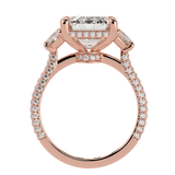 Emerald Three Stone Diamond Three Row Pavé Ring