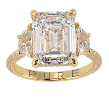 Emerald Cut Three Stone Diamond Three Row Pavé Ring