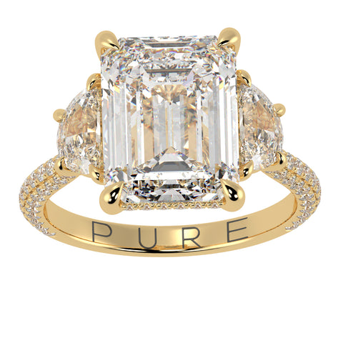 Emerald Cut Three Stone Diamond Three Row Pavé Ring