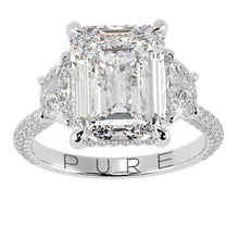 Emerald Cut Three Stone Diamond Three Row Pavé Ring