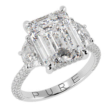 Emerald Cut Three Stone Diamond Three Row Pavé Ring