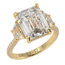 Emerald Cut Three Stone Diamond Three Row Pavé Ring