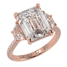 Emerald Cut Three Stone Diamond Three Row Pavé Ring