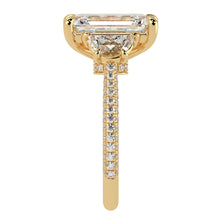 Emerald Cut Three Stone Diamond Three Row Pavé Ring