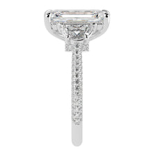 Emerald Cut Three Stone Diamond Three Row Pavé Ring