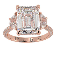 Emerald Cut Three Stone Diamond Three Row Pavé Ring