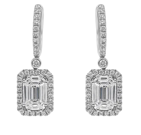 1.30 + carat Emerald Cut Lab Grown Diamond Earrings, set in the halo.