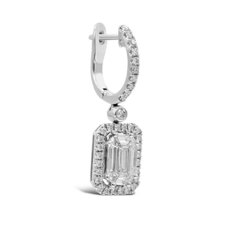 1.30 + carat Emerald Cut Lab Grown Diamond Earrings, set in the halo.