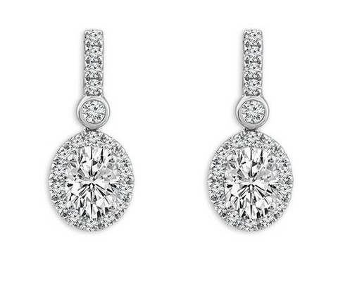 1.30 + carat Oval Cut Lab Grown Diamond Earrings, set in the halo.