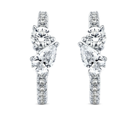 0.75 + carat Ideal Cut Round Brilliant + Pear Shape Cut Lab Grown Diamond Earrings, set in the halo.