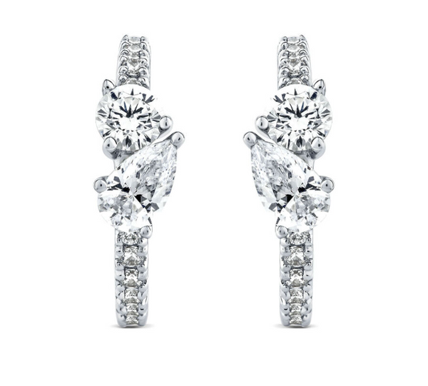 0.75 + carat Ideal Cut Round Brilliant + Pear Shape Cut Lab Grown Diamond Earrings, set in the halo.