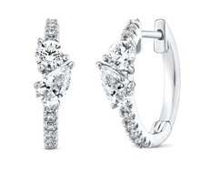 0.75 + carat Ideal Cut Round Brilliant + Pear Shape Cut Lab Grown Diamond Earrings, set in the halo.