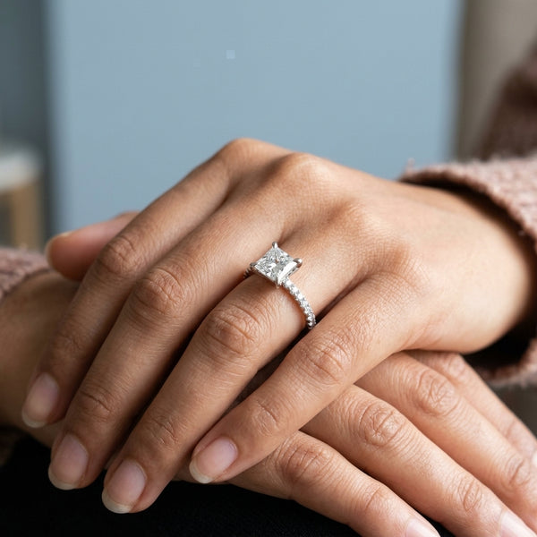 Hand model shot of the white gold engagement ring