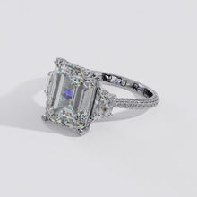 Emerald Cut Three Stone Diamond Three Row Pavé Ring