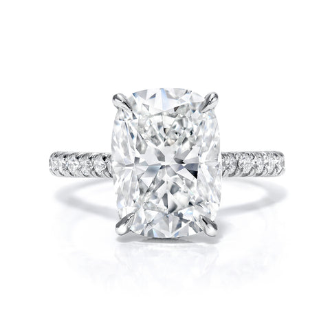 Cathedral Hidden Halo Elongated Cushion Cut, French Cut Pavé sides