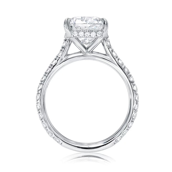 Cathedral Hidden Halo Elongated Cushion Cut, French Cut Pavé sides